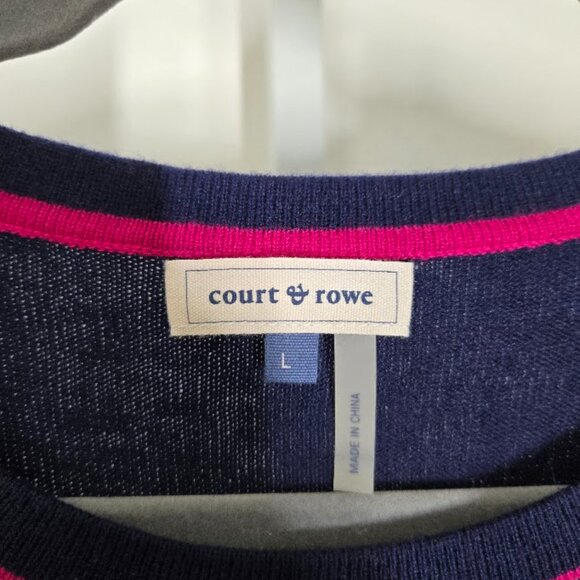 COURT & ROWE Navy Pink Trim Sweater Gold Button Cuffs crew neck Size Large NWT - Picture 7 of 9